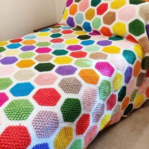 Vintage Hand Crochet or Knit Bright MOD Bedspread Afghan QUEEN Neon Candy Colors